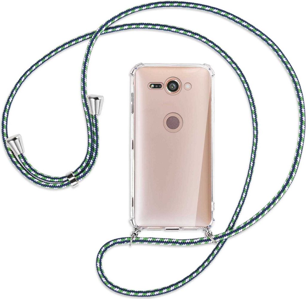 Handykette Backcover-Schutzhülle mit Band (Metall silberfarben) für Sony Xperia XZ2 Compact - grün/blau/weiß