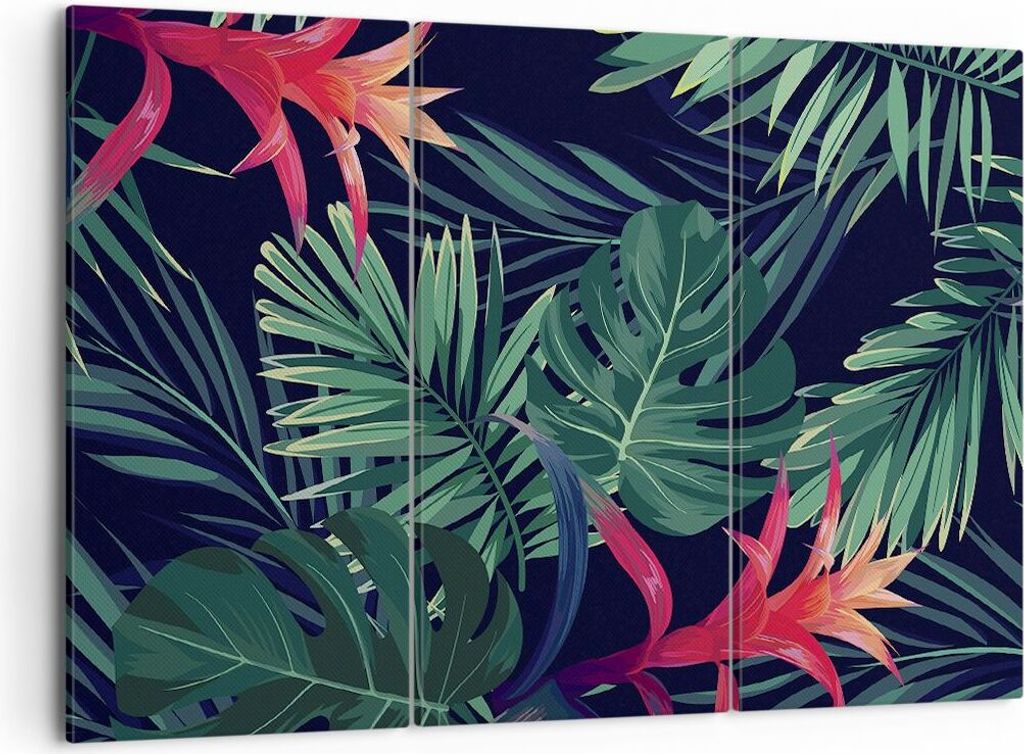 Bild auf Leinwand - Leinwandbild - 3 Teile - Exotisch Blumen Blätter - 105x70cm - Wand Bild - Wanddeko - Wandbilder - Leinwanddruck - Bilder - Wan...