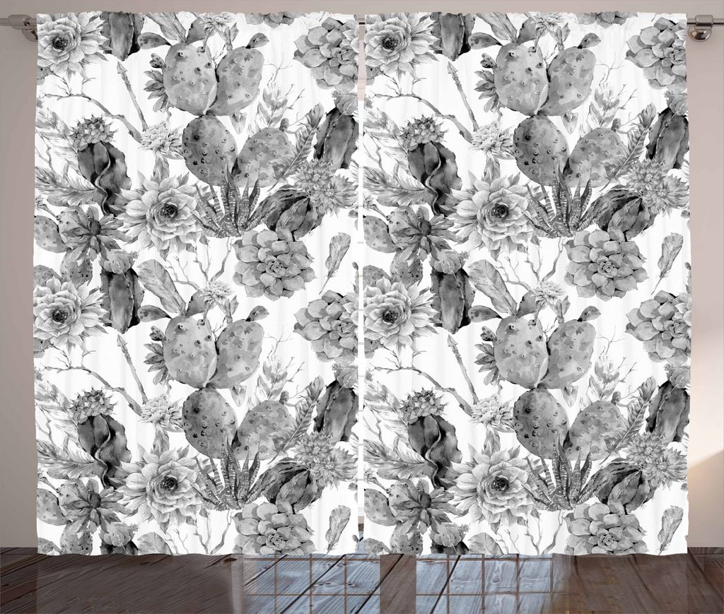 ABAKUHAUS Kaktus Rustikaler Vorhang, Boho Stil botanisch, Wohnzimmer Universalband Gardinen mit Schlaufen und Haken, 280 x 225 cm, Weiß Grau