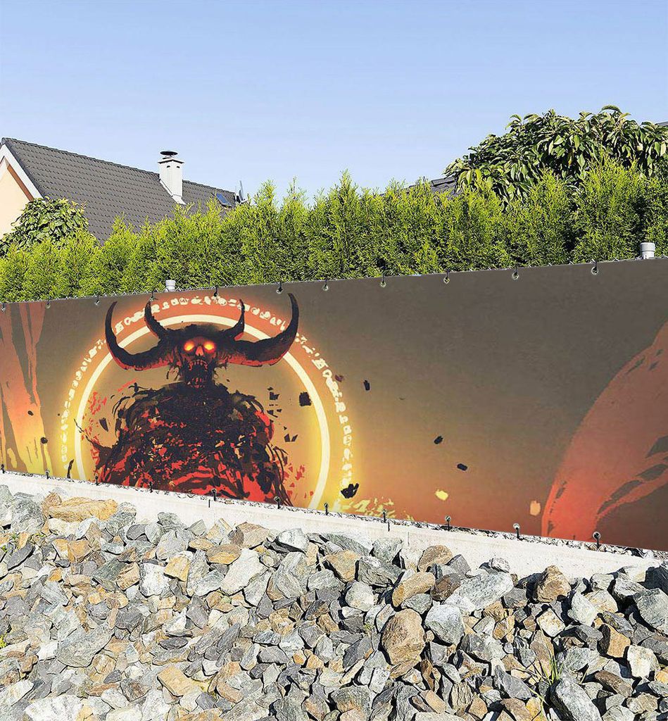 Zaunbanner mutiger Krieger gegen Feuer Dämon Sichtschutz Garten Zaun