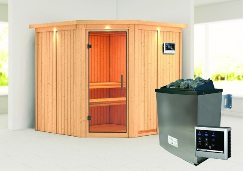 Karibu Sauna Innensauna Jarin Eckeinstieg Ofen 9 KW externe Strg easy 210x210x202 cm mit Dachkranz mit Klarglastür