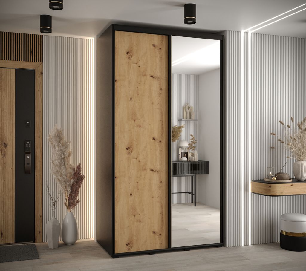Kleiderschrank YVONA 3 - 130/60 cm, schwarz / Eiche handwerklich / schwarz