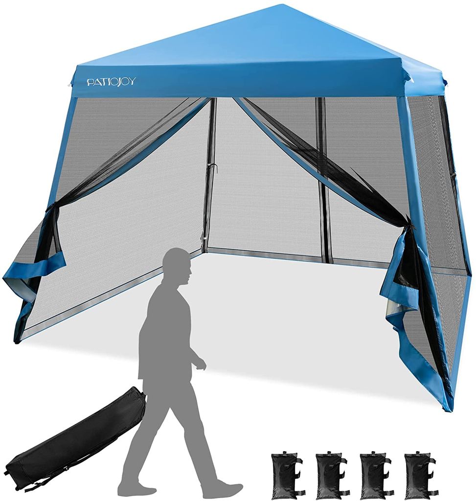 GOPLUS 3x3m Pop Up Gartenpavillon, aus Oxford mit Metallrahmen, höhenverstellbares Partyzelt mit Moskitonetz für Sonnenschutz, Faltbares Pagodenzelt