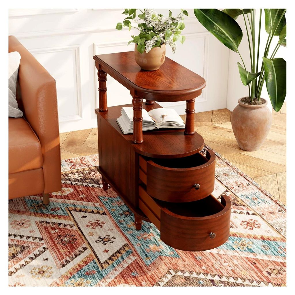 Beistelltisch aus Holz mit 2 Schubladen und Ablage, schmaler Sofa-Beistelltisch für das Wohnzimmer, Vintage-Nachttisch für das Schlafzimmer, schl...