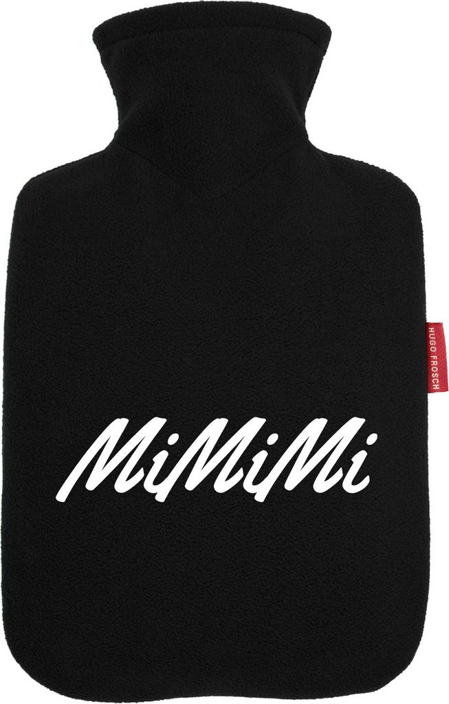 Huuraa Wärmflasche Mimimi Schriftzug 1,8 Liter Black Classic Veloursbezug Bettflasche Geschenkidee