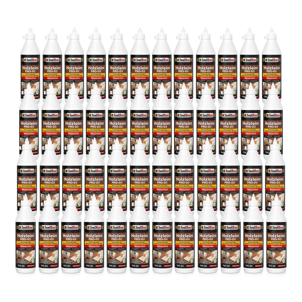 Isolbau Holzleim PRO-D3 - 48 x 750 ml (860 g) Extra starker Holzkleber für alle Holzarten, für Innen & Außen, Wasserfest, Lösemittelfrei