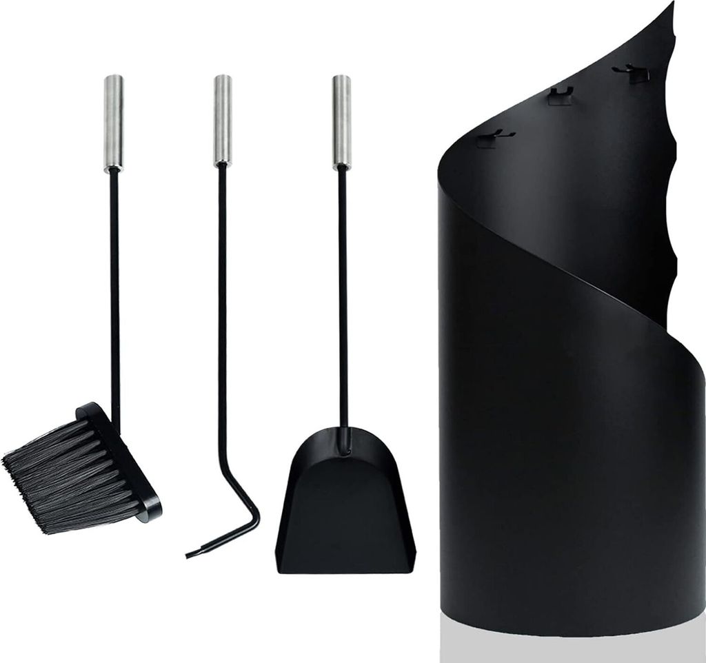 YUENFONG Kaminbesteck Modern 4 teilige Kamingarnitur inkl.Schaufel, Besen, Schürhaken und Halter, Ofenbesteck, schwarz, 56x22x22 cm