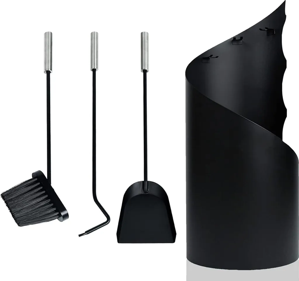 Serviteur pour poêle à bois moderne, set complet de nettoyage noir
