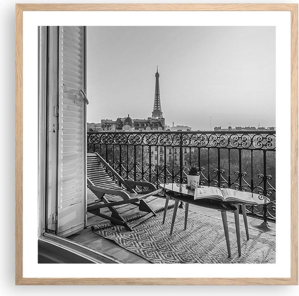 Gerahmtes Poster - Rahmen in heller Eiche - Schwarzweiß Paris Balkon - 60x60 cm - Wand Bild - Wanddeko - Wandbilder - Kunstposter - Wandposter - B...