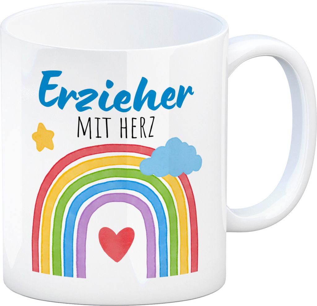 Regenbogen Kaffeebecher mit Spruch Erzieher mit Herz