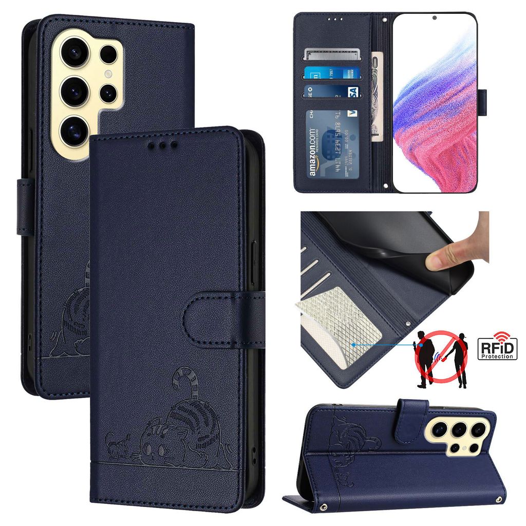 Leder Hülle für Samsung Galaxy S25 Ultra Süße Katze Flip Case Brieftasche Schutzhülle mit Standfunktion Blau