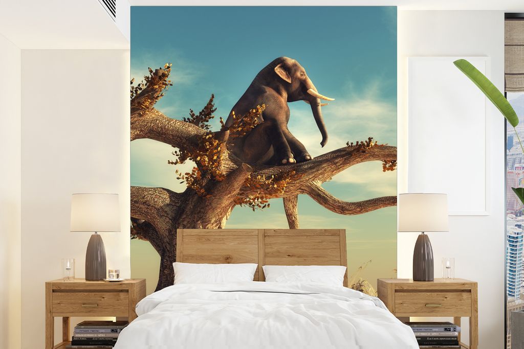 MuchoWow Fototapete für Wohnzimmer oder Schlafzimmer Wandtapete Vinyl Motivtapete Elefant - Baum - Natur - Wüste - 190x260 cm - Papiertapete