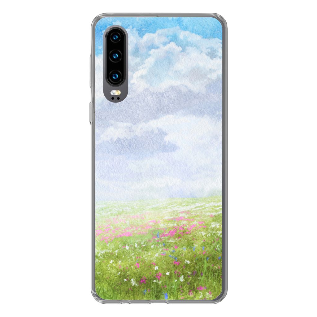 MuchoWow Handyhülle Schutzhülle Hülle für Huawei P30 Aquarell - Blumen - Landschaft Silikon Softcase Handy Hülle - Kartenbesitzer