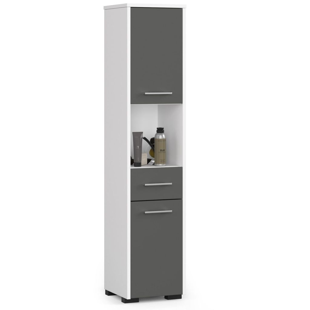 Badezimmerschränk AKORD FIN Hochschrank B30 x H140 x T30 cm Gewicht 25 kg 2 Ablagen mit Türen (je oben und unten) 1 Schublade 1 offenes Fach als ...