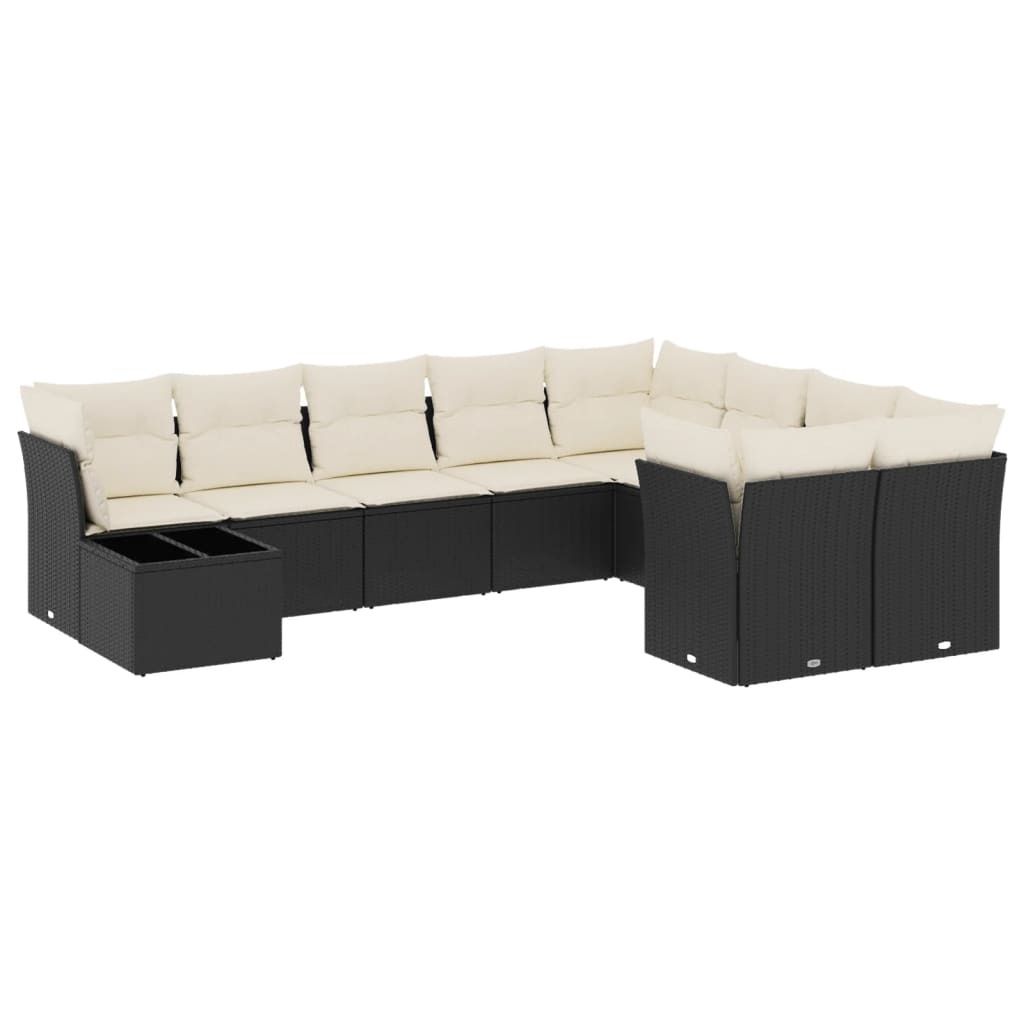 Modulares Gartenmöbel-Set, 10-teilige Sofagarnitur mit Stauraum, PE-Rattan Schwarz, Kissen Cremeweiß, UV-beständig