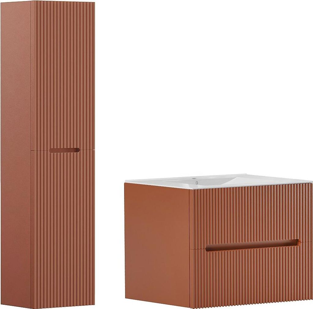 Waschbeckenunterschrank hängend mit Einbauwaschbecken & Badhochschrank - Terracotta gestreift - 80 cm - PAVANI
