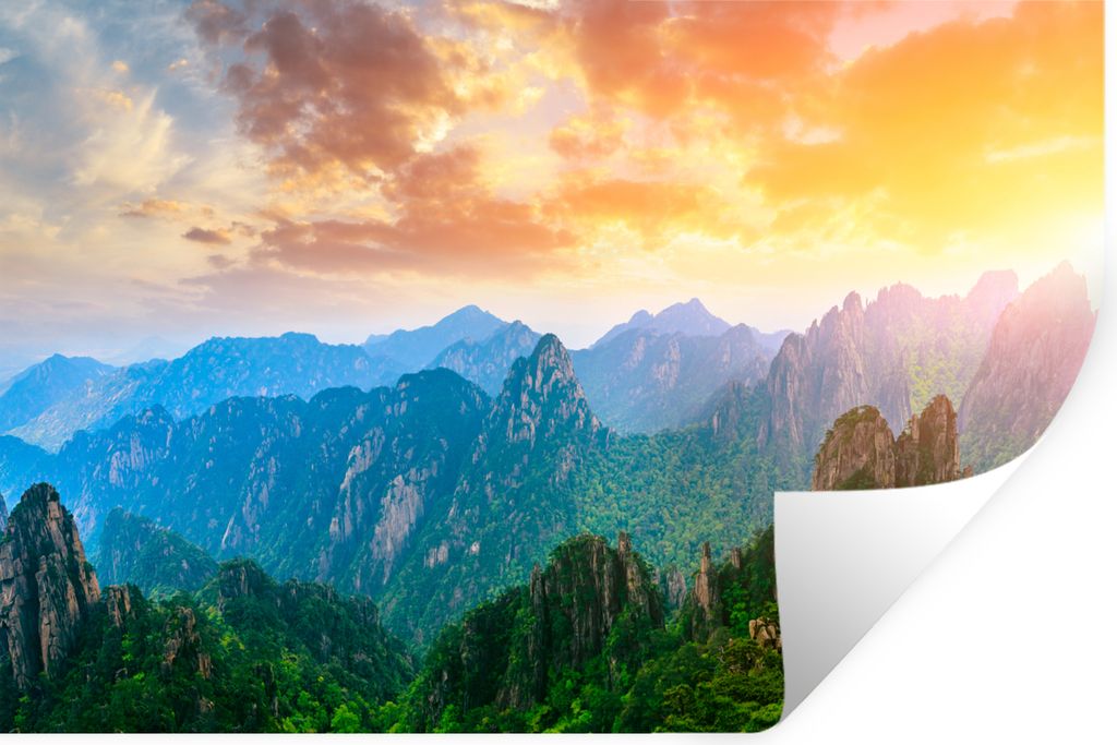MuchoWow Wandtattoo Wandsticker Wandaufkleber Berge - Bäume - Sonnenuntergang - Natur 120x80 cm Selbstklebend und Repositionierbar - Selbstklebe...