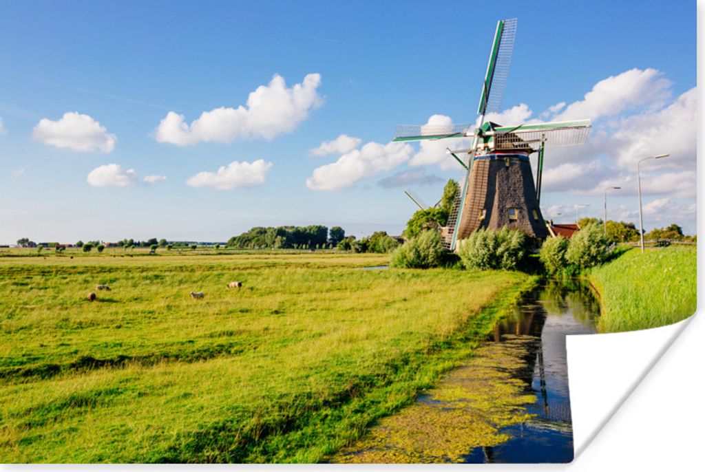 MuchoWow Poster Mühle - Gras - Niederlande 180x120 cm - Fotoplakat