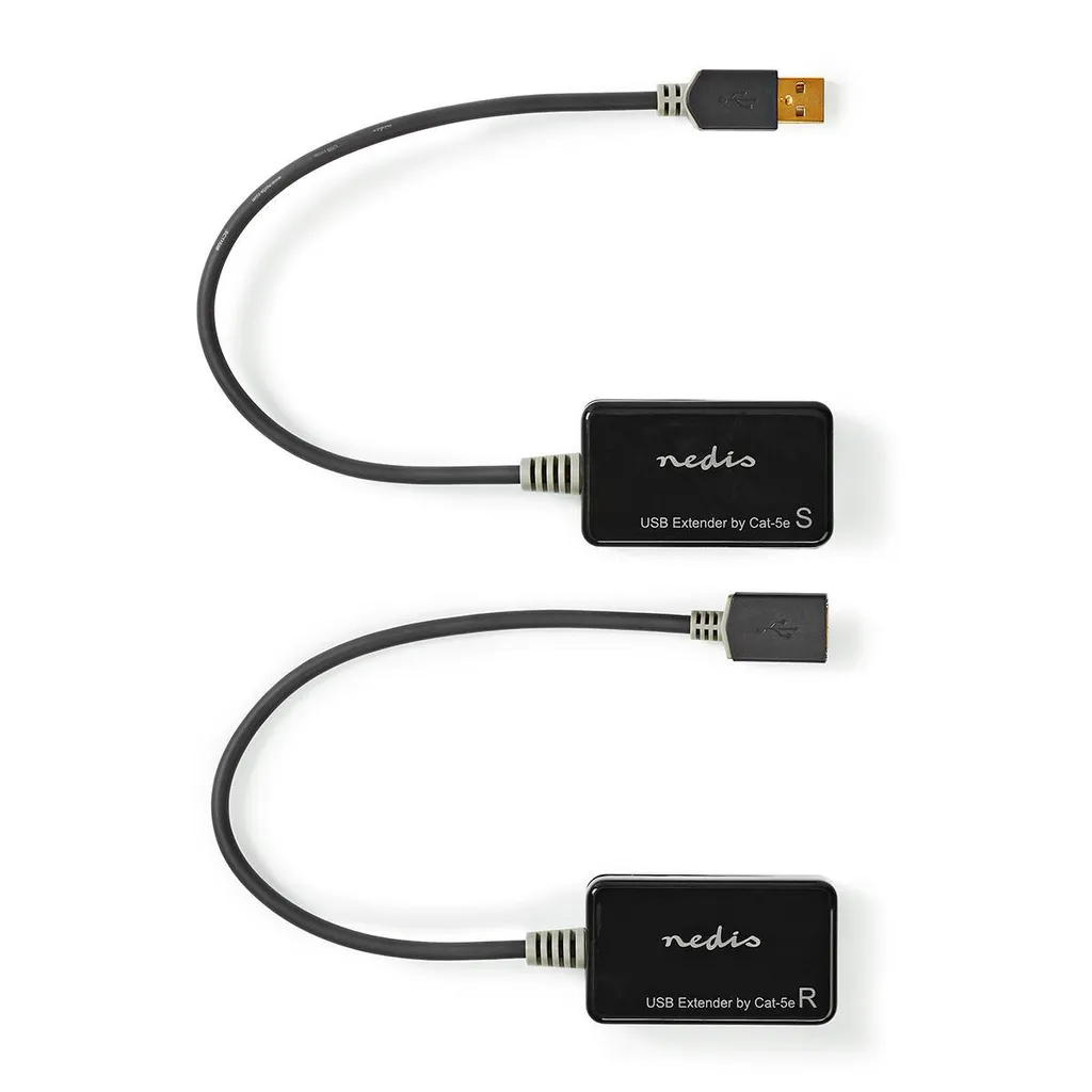 Estensore USB Nedis | USB 1.1 | 1x RJ45 femmina | 1x USB-A femmina | 1x USB-A maschio | 1x RJ45 femmina | 50 m | 12 Mbps | placcato oro | rotondo | PVC | nero