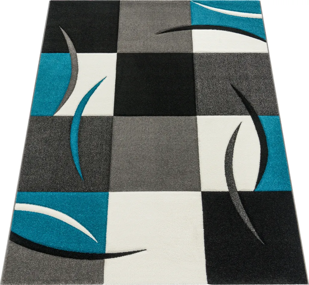 Tapis design à carreaux turquoise et gris avec découpe - 120 x 170 cm