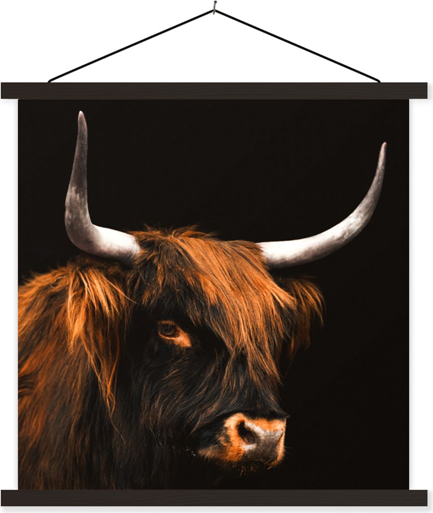 MuchoWow Textilposter Schottisches Hochlandrind - Kuh - Schwarz 40x40 cm mit schwarzem Rahmen - Fotos