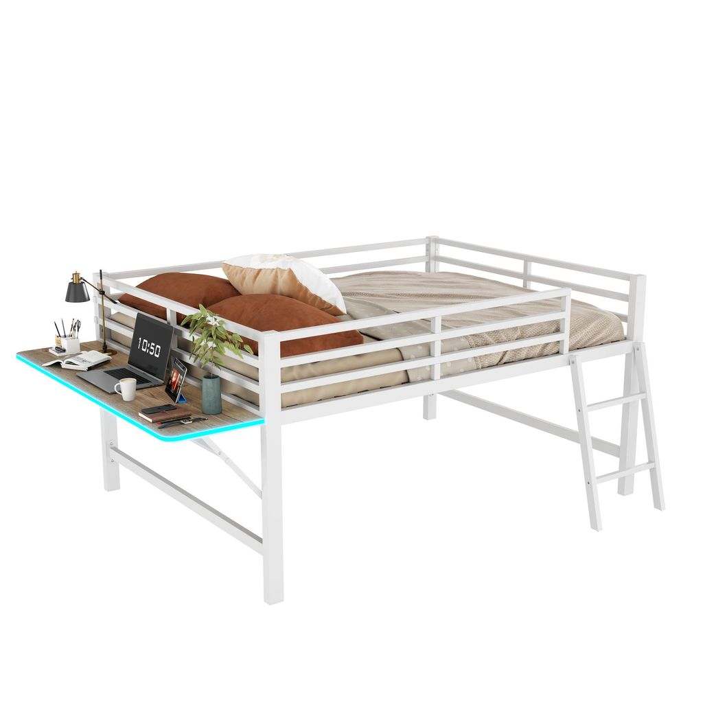 Hochbett mit Schreibtisch und LED-Beleuchtung, 140x200 cm, Kinderbett mit Rausfallschutz und Leiter, Metallbett