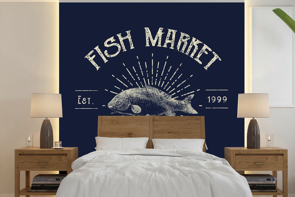 MuchoWow Fototapete für Wohnzimmer oder Schlafzimmer Wandtapete Vinyl Motivtapete Jahrgang - Fisch - Text - 350x350 cm - Schlafzimmertapete