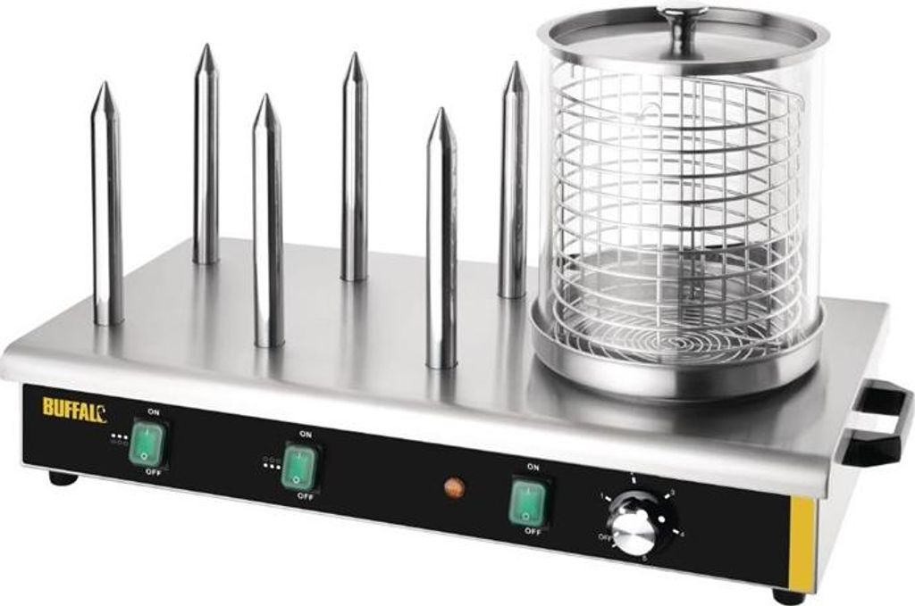 Buffalo Hotdoggerät mit 6 Heizstangen – Edelstahlgerät mit Bain-Marie-System, 750 W