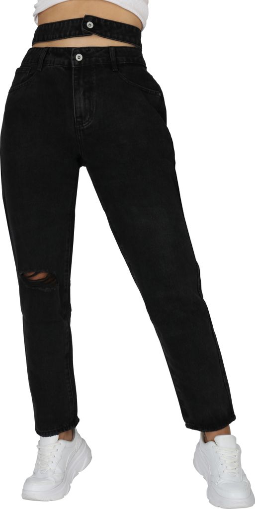 Mytrendshoe Damen Jeans Destroyed Look Cut-Outs Mom Fit Fransen Hose 837581, Farbe: Schwarz, Größe: 38