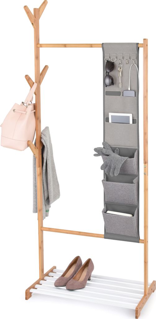 DomoPak Living Bambus Garderobenständer mit Fächer und Schuhablage, 65 x 38 x 167 cm, Kleiderständer mit Haken und Organizer, Flur, Schlafzimmer...
