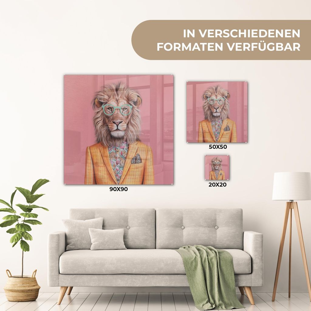 MuchoWow Glasbilder - Bilder auf Wandbild - Foto auf Glas Löwe - Anzug - Kariert - Brille 90x90 cm Wanddekoration aus Glas - Acrylglasbild - Acryl...