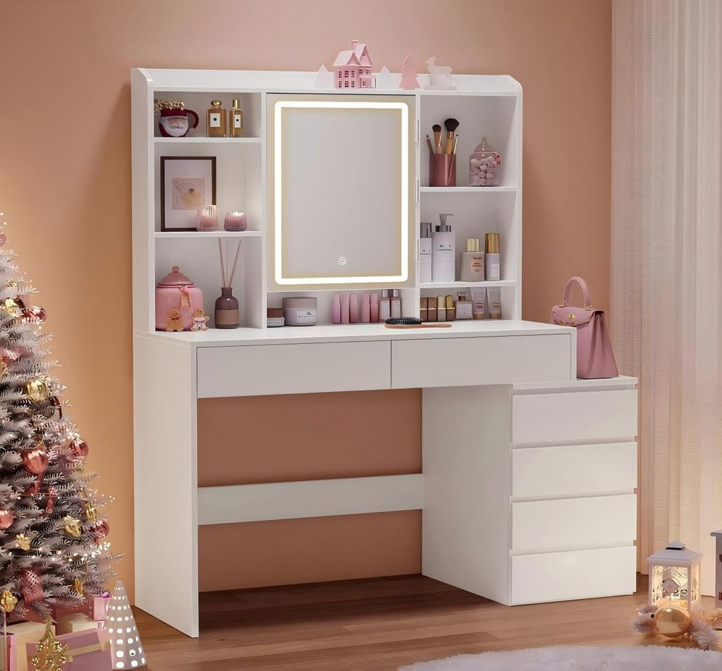 VASAGLE Schminktisch mit LED-Beleuchtung, einstellbare Helligkeit, mit 6 Schubladen ohne Hocker