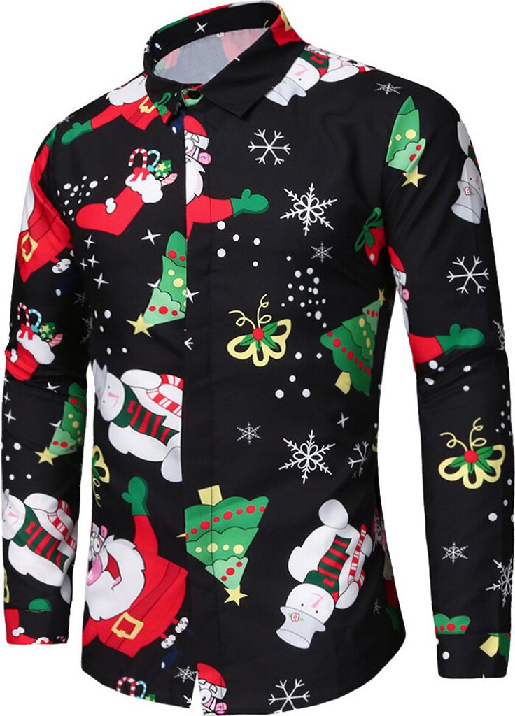 ASKSA Herren Funky Christmas Print Weihnachtsmann Hemd Langarm Button Up Freizeithemd,H-Schwarz,3XL