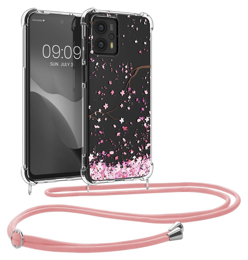 kwmobile Necklace Case kompatibel mit Motorola Moto G23 / Moto G13 Hülle - Silikon Cover mit Handykette - Rosa Dunkelbraun Transparent