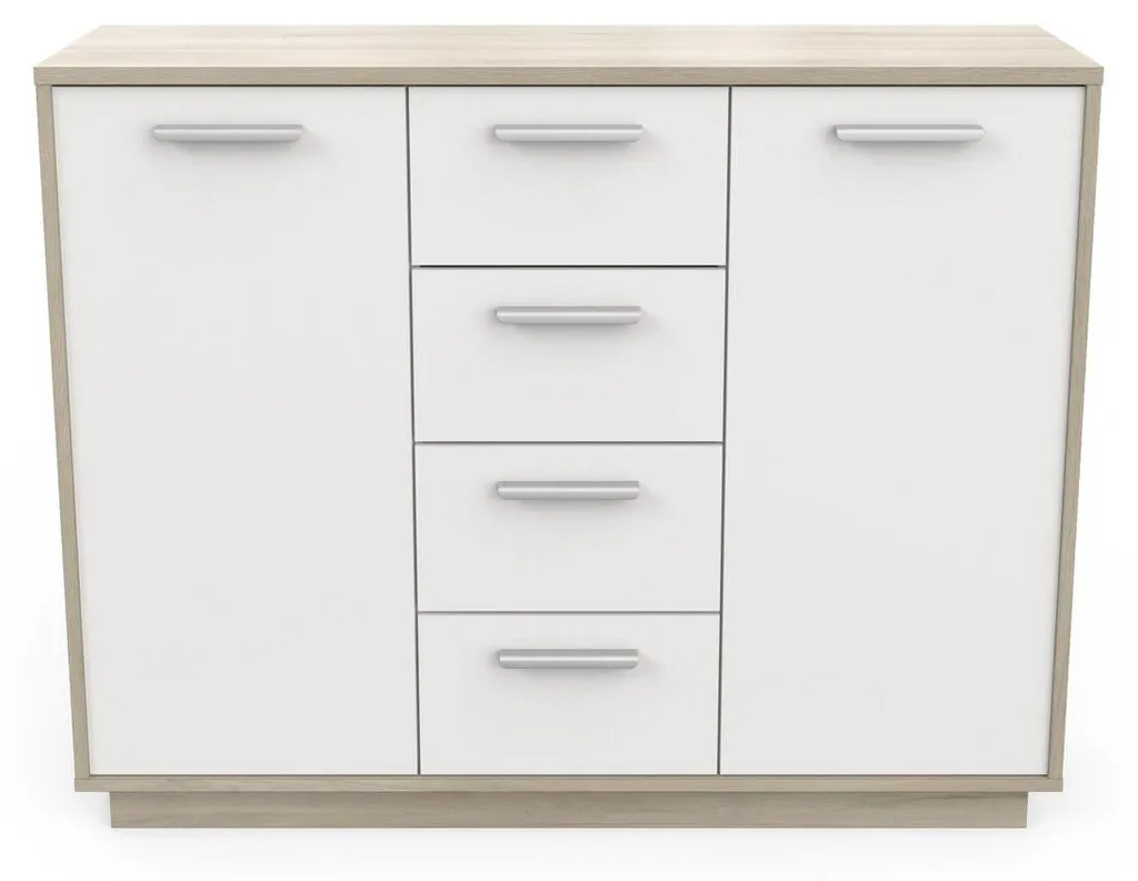 Buffet de Rangement Léo avec 4 Tiroirs et 2 Portes Style Bois et Blanc