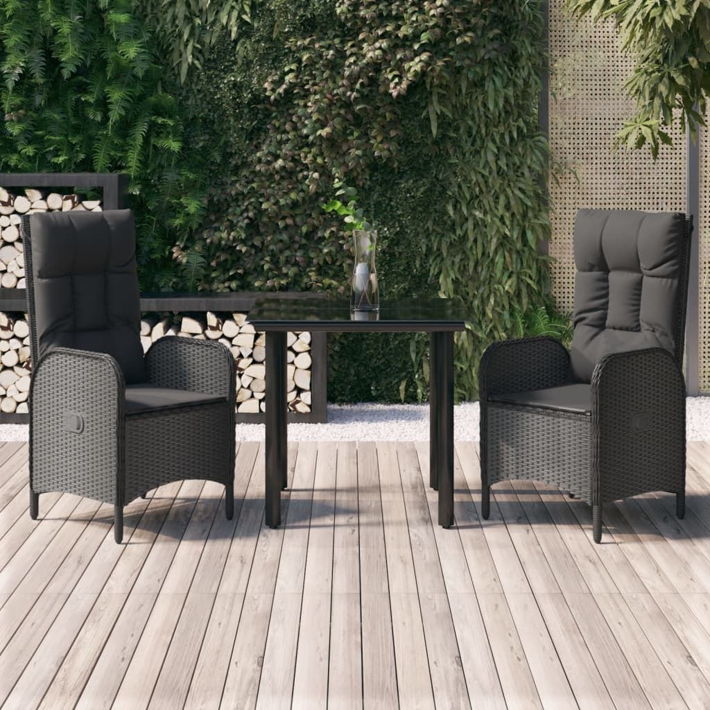 "Rabatt" 3-tlg. Garten-Essgruppe - mit tishe & Stuhl - mit Kissen Schwarz Poly Rattan - Lounge-Dining set CC7953