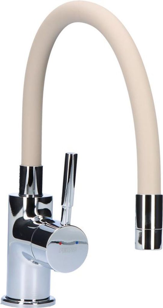 A kitchen faucet with a flexible beige spout and chrome base.