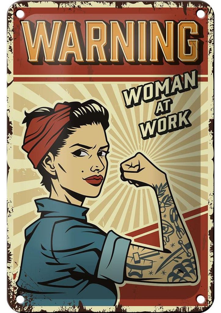 Blechschild Retro 12x18cm Pinup warning women at work Frau