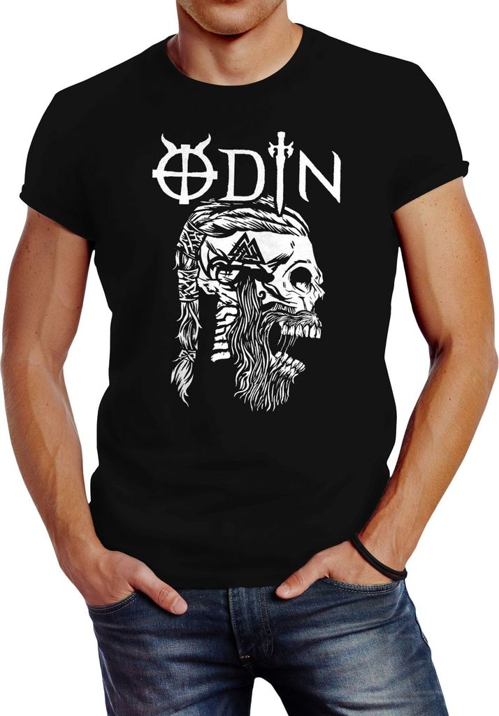 Herren T-Shirt Odin Totenkopf Bart Nordische Mythologie Ragnar Lodbrok Fashion Streetstyle Neverless schwarz XL