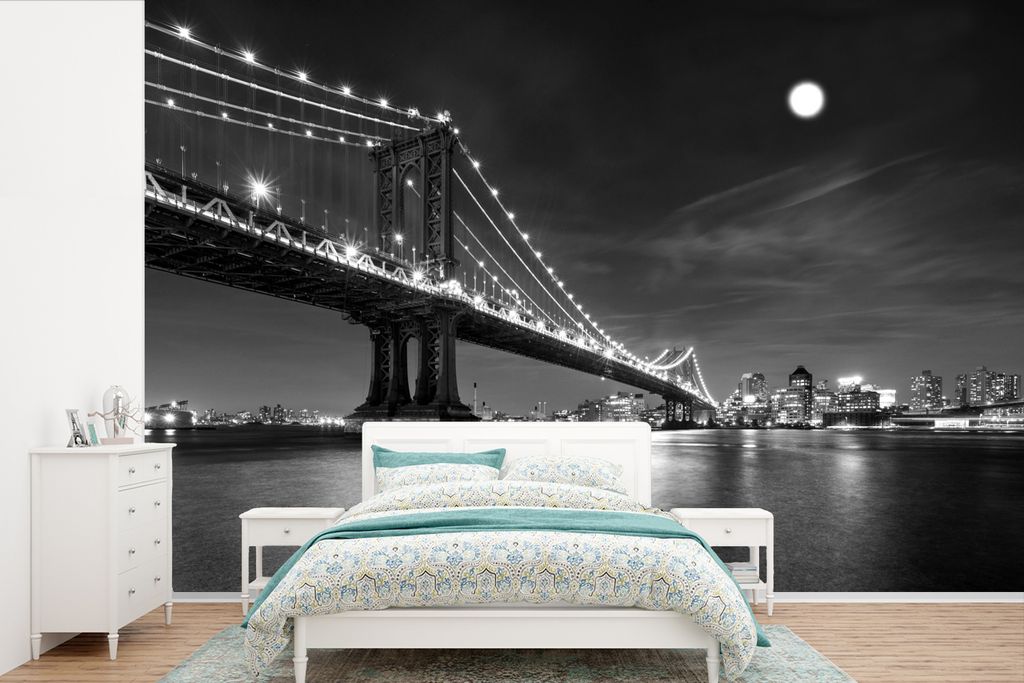 MuchoWow Fototapete für Wohnzimmer oder Schlafzimmer Wandtapete Vinyl Motivtapete New York - Brücke - Manhattan - Schwarz - Weiß - 390x260 cm ...