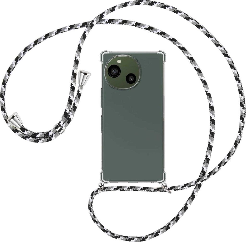 Handykette Backcover-Schutzhülle mit Band (Metall silberfarben) für Sharp Aquos R9 - schwarz/grau/weiß
