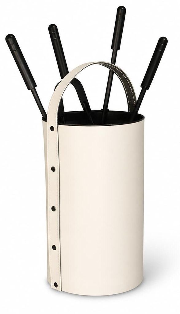 Kaminbesteck Set Leder Altweiß - Kaminwerkzeug Schwarz - Produktbild 