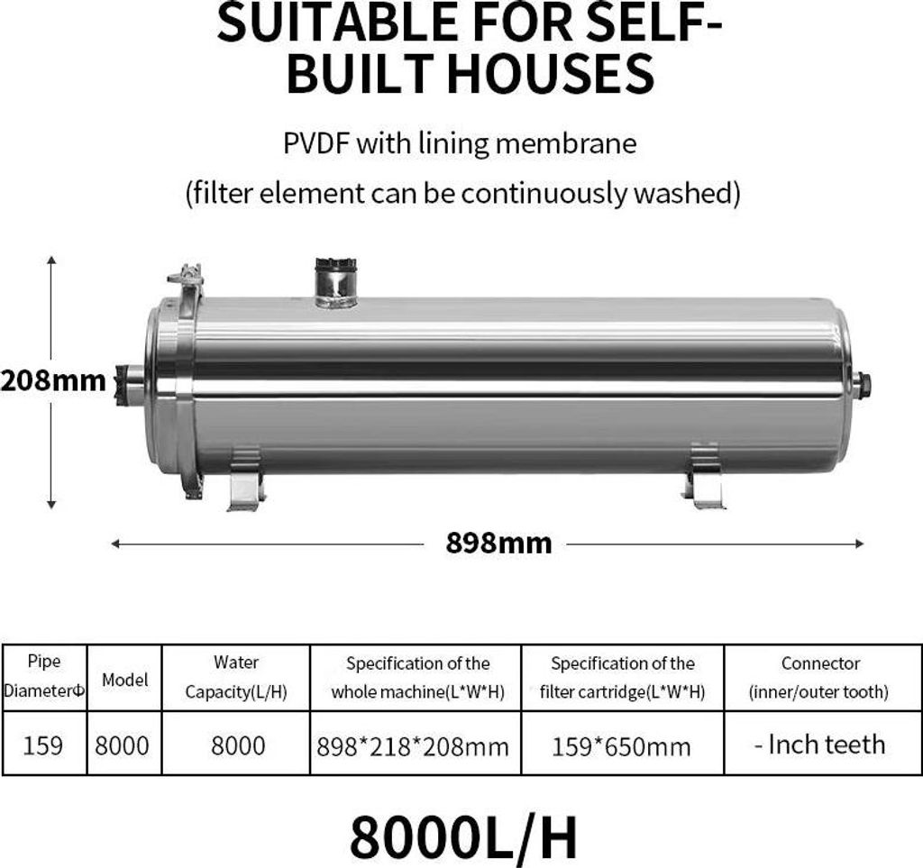 Whole House Wasserfilter - Ultrafiltrationsanlage 8000L - 0,01 μm - SUS304 Edelstahl - PVDF Membran - Zentraler Vorfilter für Leitungswasser - Di...