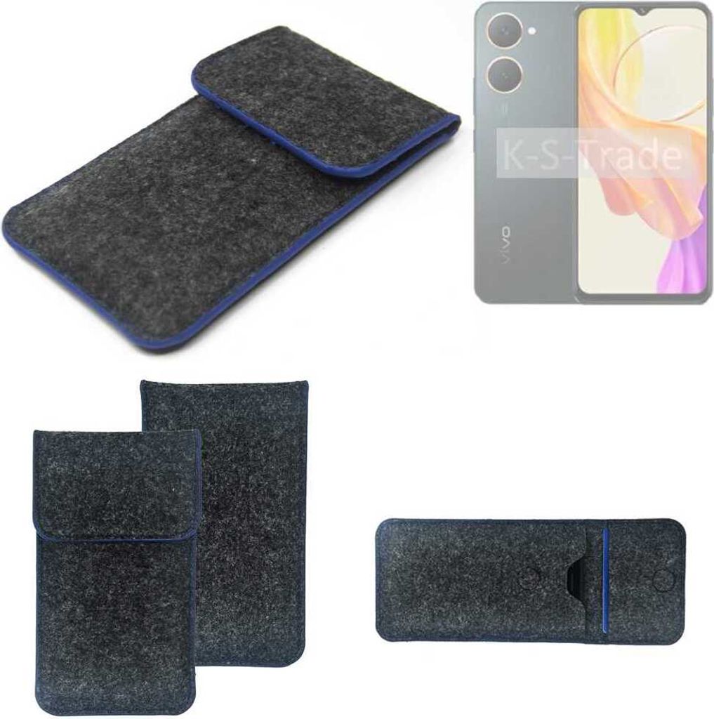 K-S-Trade Handy-Hülle Schutz-Hülle kompatibel mit Vivo Y03t Filztasche Pouch Tasche Case Sleeve Filzhülle dunkelgrau, blauer Rand