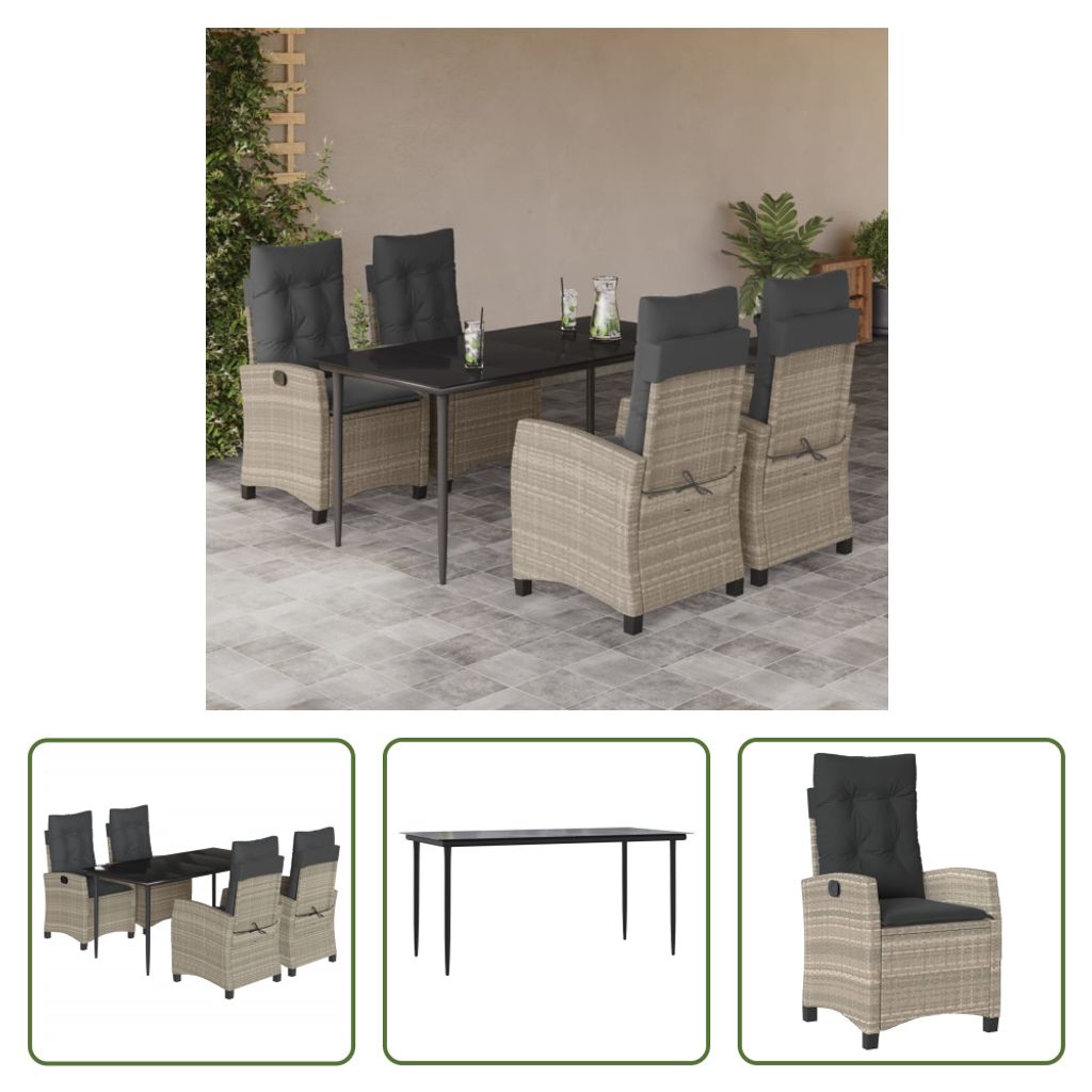 The Living Store 5-tlg. Garten-Essgruppe mit Kissen Hellgrau Poly Rattan