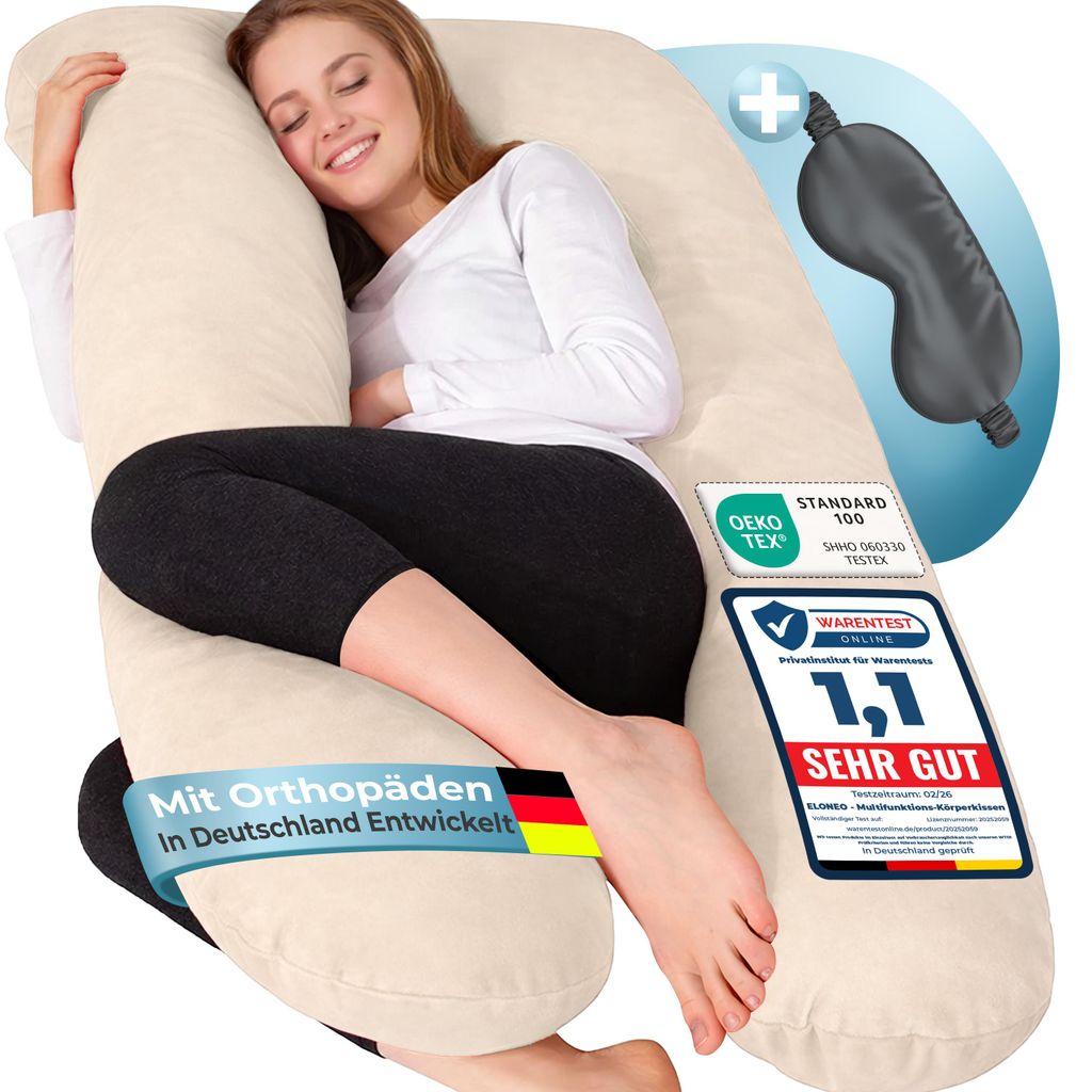 ELONEO Seitenschläferkissen mit Bezug, Stillkissen, Schwangerschaftskissen XXL, Creme