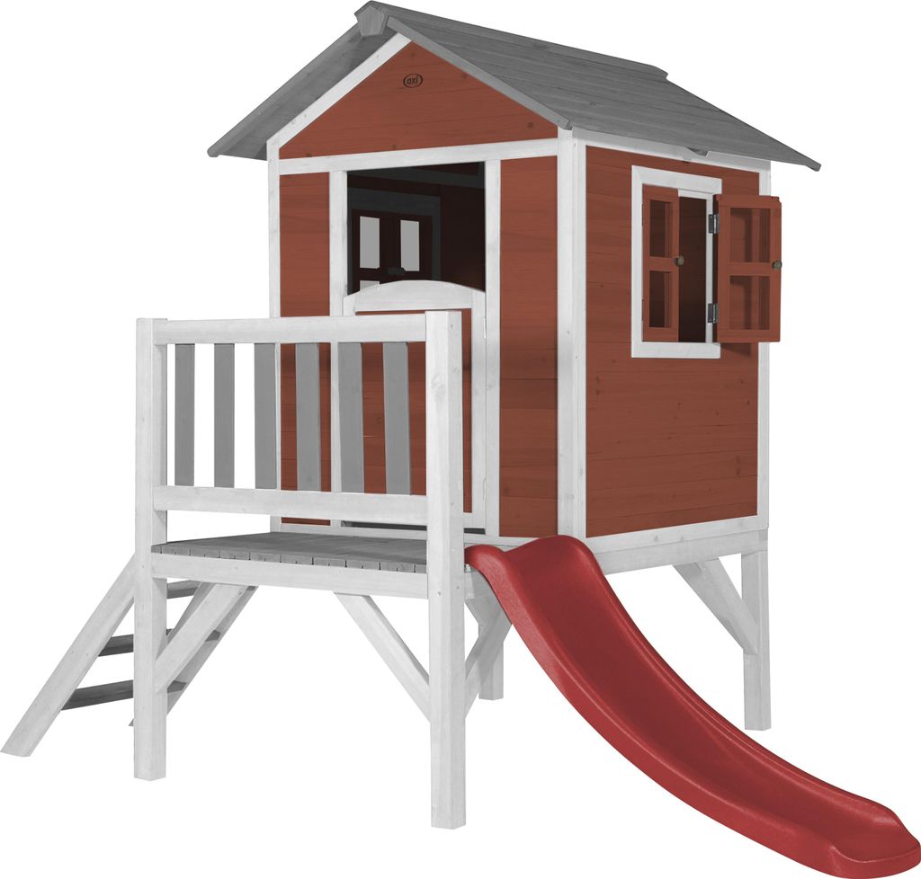 AXI Spielhaus Beach Lodge XL in Rot mit Rutsche in Rot | Stelzenhaus aus Holz für Kinder | Kleiner Spielturm für den Garten