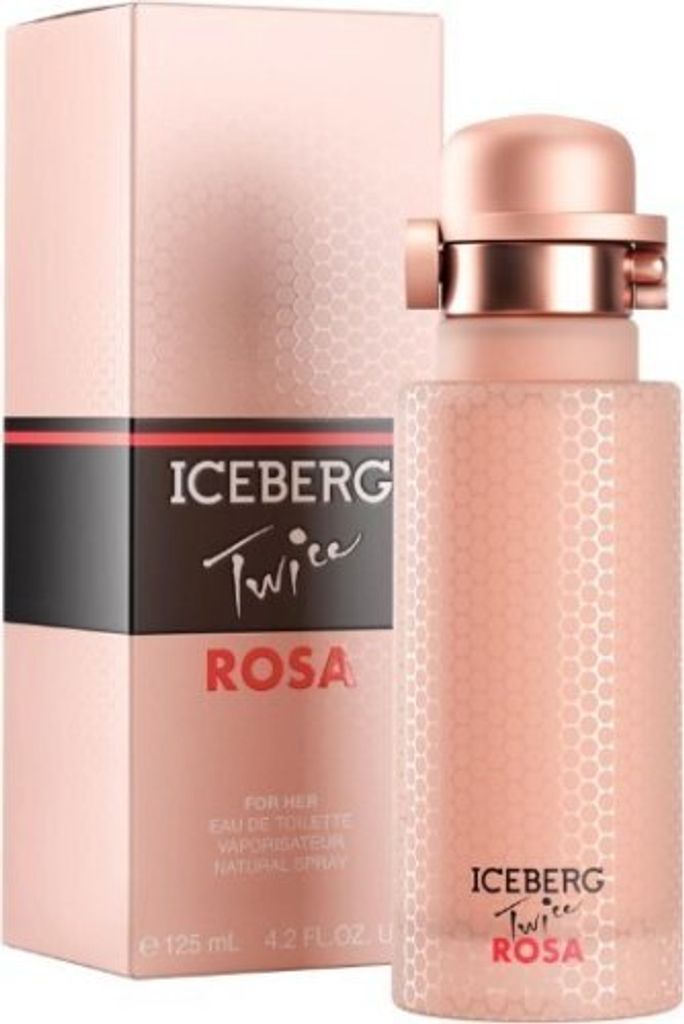 A bottle of Iceberg Twice Rosa Eau de Toilette for women and its packaging are displayed against a white background.