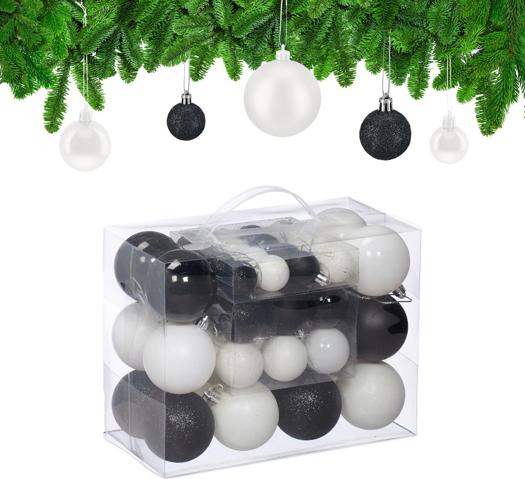 Relaxdays Weihnachtskugeln 50er Set, Weihnachtsdeko, matt, glänzend, glitzernd, Baumkugeln ∅ 3, 4 & 6 cm, schwarz/weiß