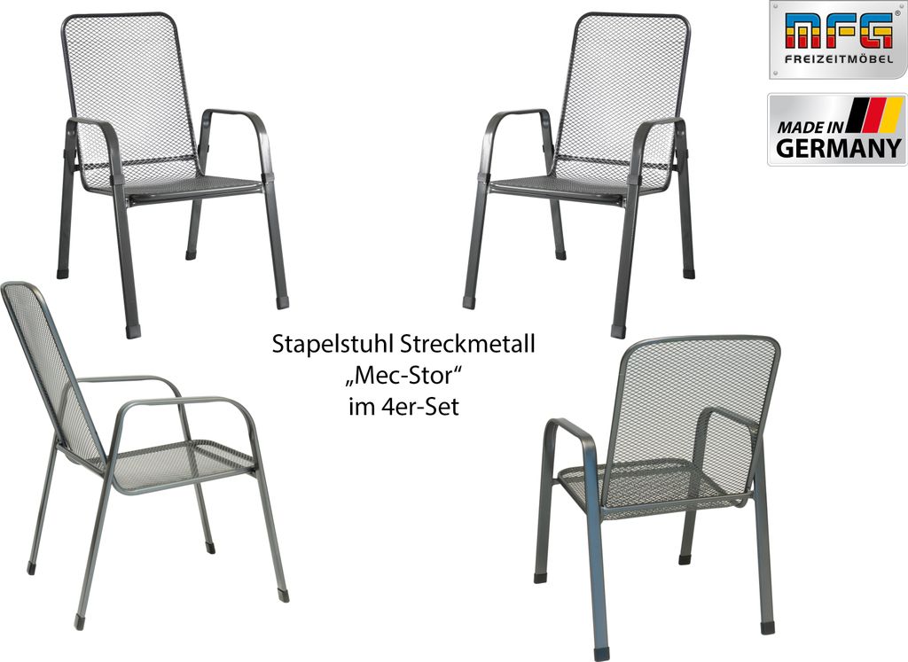A collage of four grey metal stacking chairs with a product title and manufacturer logo.